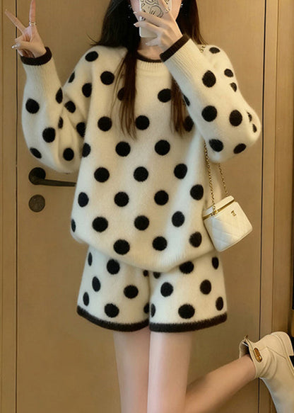 New White O Neck Dot Print Knit Two Piece Set Winter