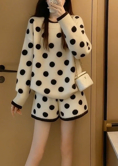 New White O Neck Dot Print Knit Two Piece Set Winter