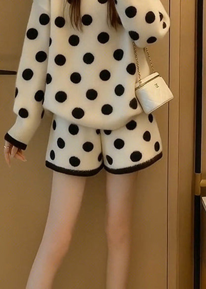 New White O Neck Dot Print Knit Two Piece Set Winter