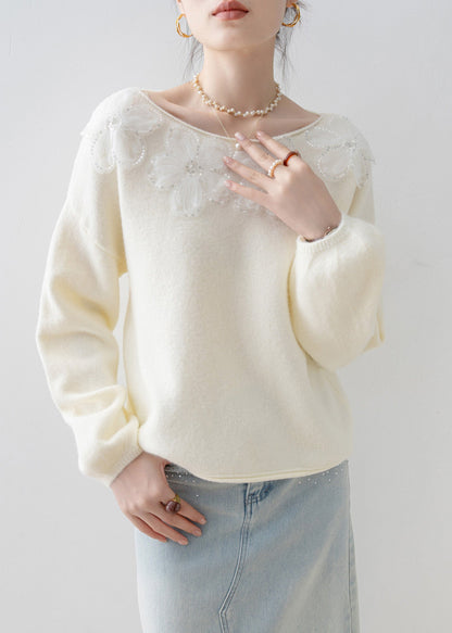 New White O Neck Floral Sequins Knitted Tops Spring