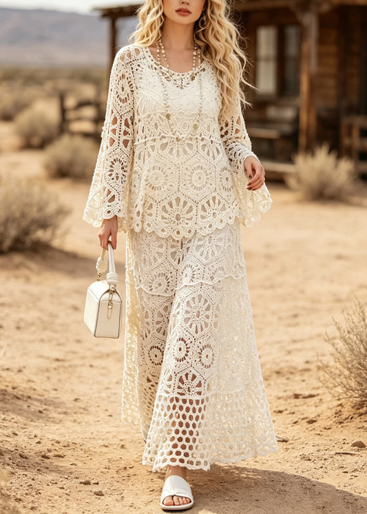 New White O Neck Hollow Out Patchwork Lace Women Sets 2 Pieces Summer