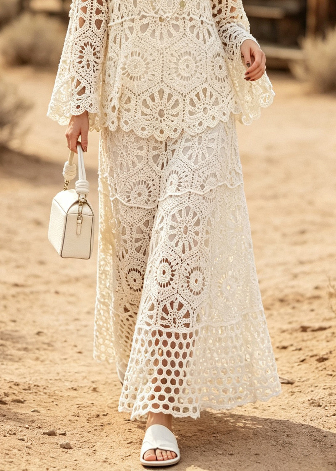 New White O Neck Hollow Out Patchwork Lace Women Sets 2 Pieces Summer
