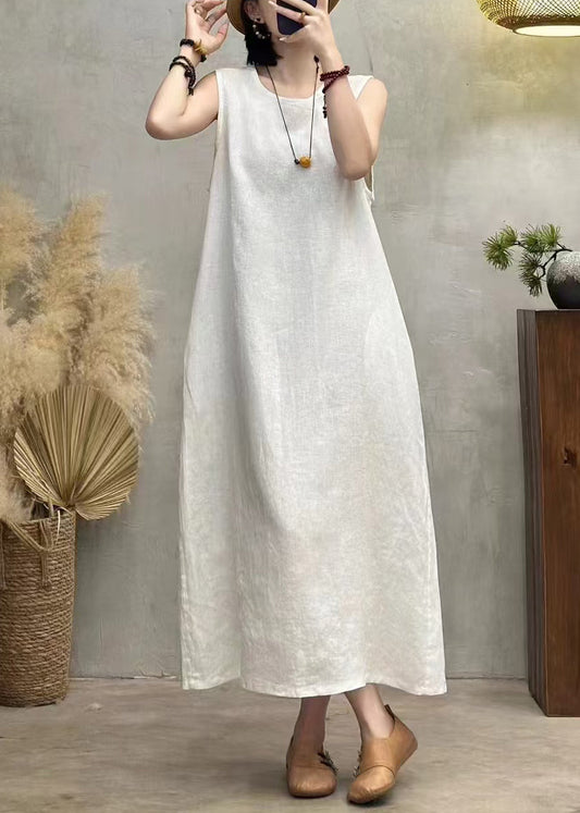 New White O Neck Pockets Solid Linen Long Dress Sleeveless