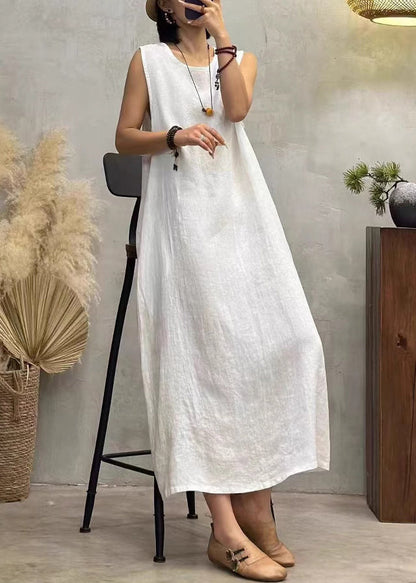 New White O Neck Pockets Solid Linen Long Dress Sleeveless
