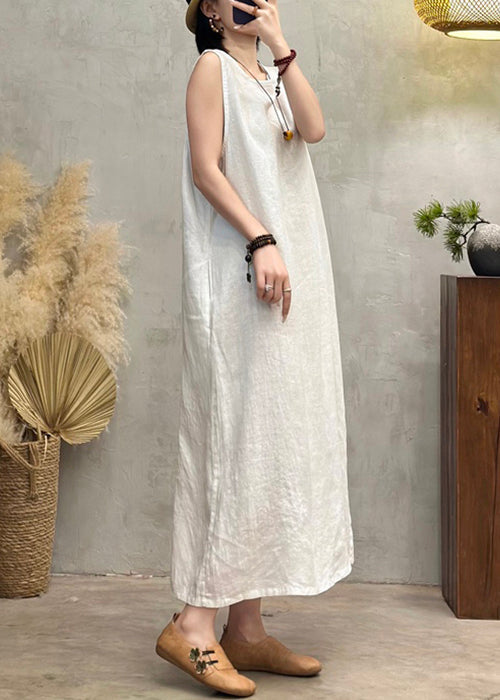 New White O Neck Pockets Solid Linen Long Dress Sleeveless