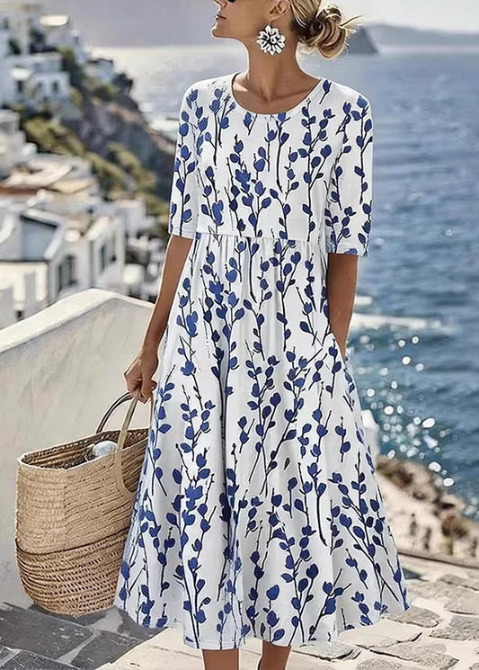 New White O Neck Print Pockets Chiffon Maxi Dress Summer