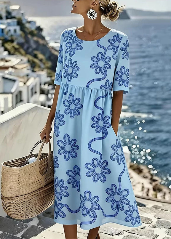 New White O Neck Print Pockets Chiffon Maxi Dress Summer
