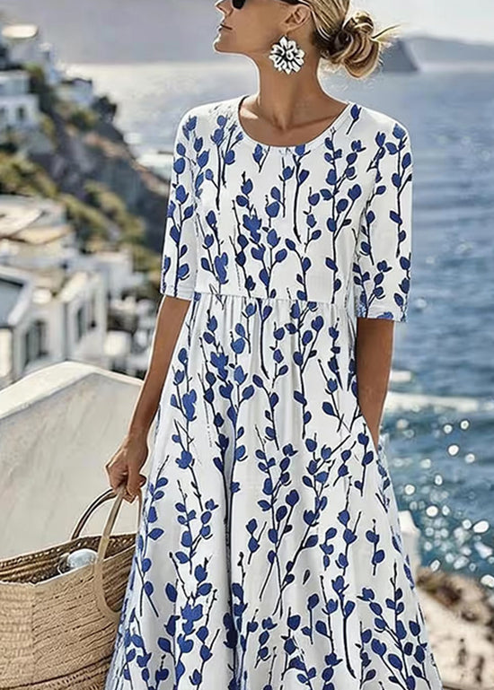New White O Neck Print Pockets Chiffon Maxi Dress Summer