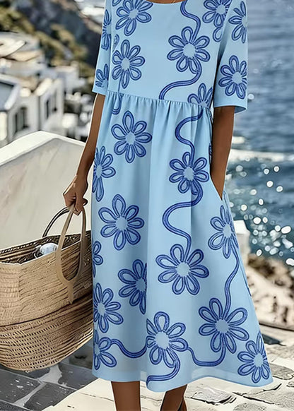 New White O Neck Print Pockets Chiffon Maxi Dress Summer