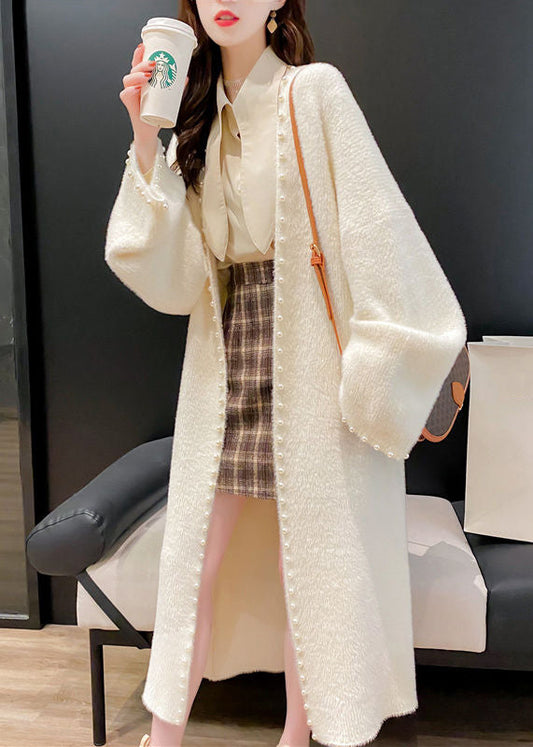 New White Original Design Pearl Knit Cardigan