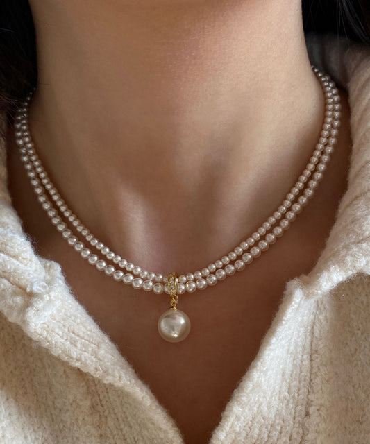 New White Pearl Double Layered Adjustable 14K Gold Choker