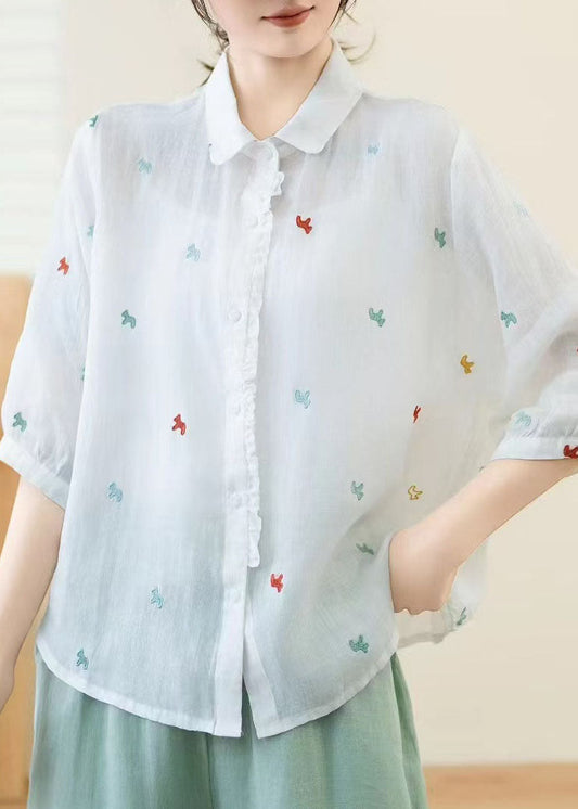New White Peter Pan Collar Embroidered Linen Shirt Tops Summer