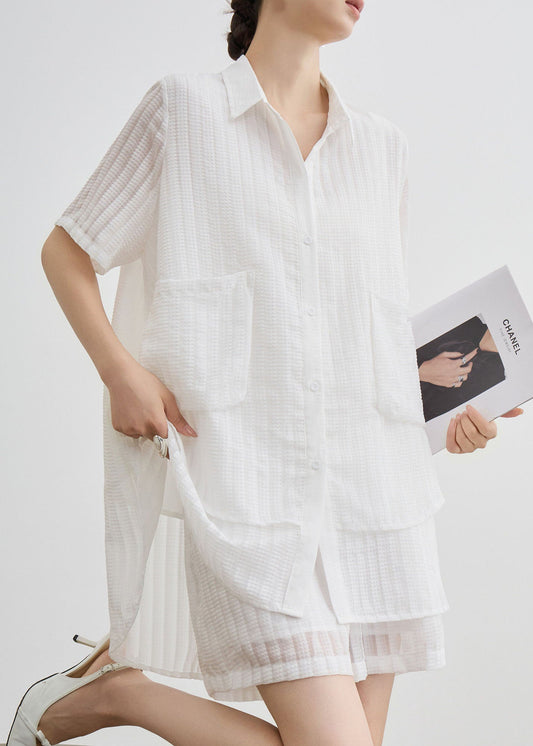 New White Peter Pan Collar Striped Cotton Two Piece Suit Set Summer