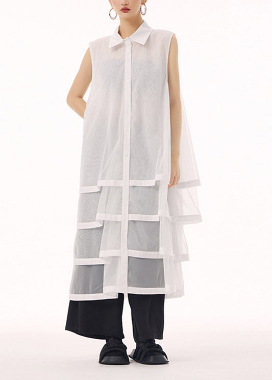 New White Peter Pan Collar Tulle Patchwork Cotton Maxi Dresses Sleeveless