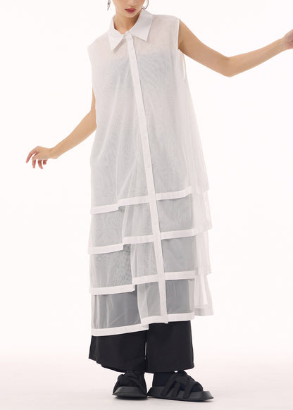 New White Peter Pan Collar Tulle Patchwork Cotton Maxi Dresses Sleeveless