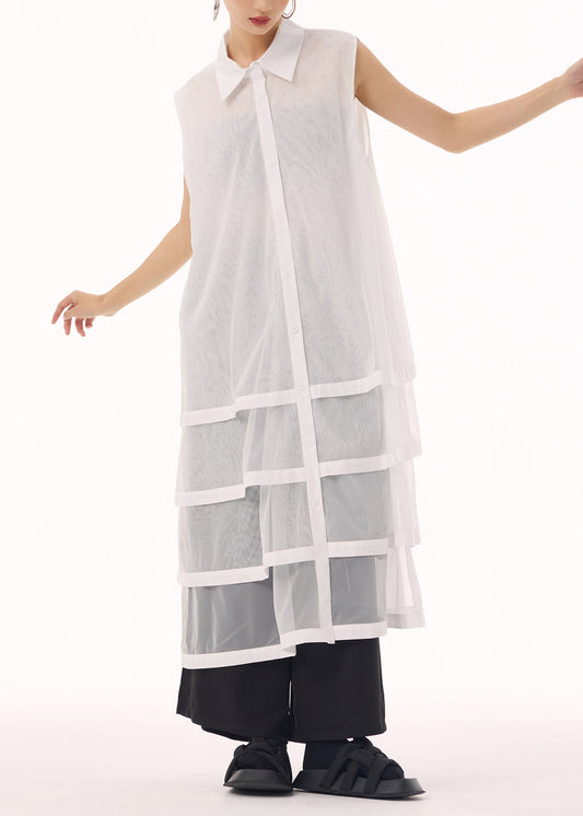 New White Peter Pan Collar Tulle Patchwork Cotton Maxi Dresses Sleeveless
