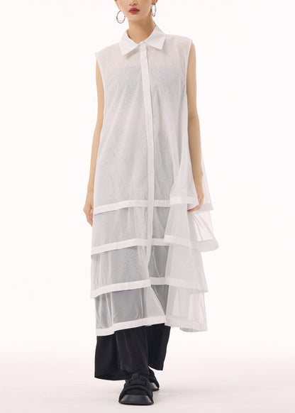 New White Peter Pan Collar Tulle Patchwork Cotton Maxi Dresses Sleeveless