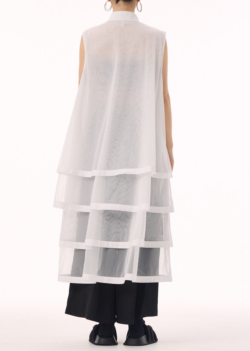 New White Peter Pan Collar Tulle Patchwork Cotton Maxi Dresses Sleeveless