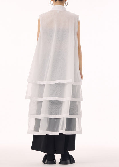 New White Peter Pan Collar Tulle Patchwork Cotton Maxi Dresses Sleeveless