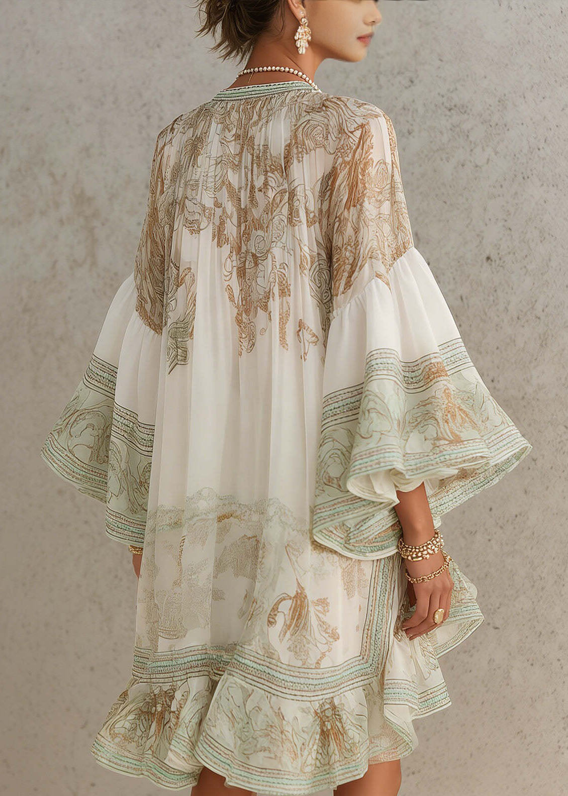 New White Print Ruffled Patchwork Chiffon Mid Dress Summer