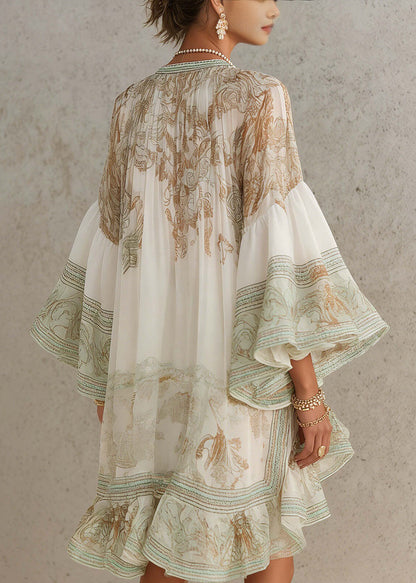 New White Print Ruffled Patchwork Chiffon Mid Dress Summer