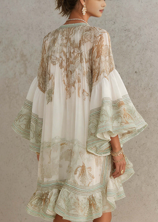 New White Print Ruffled Patchwork Chiffon Mid Dress Summer