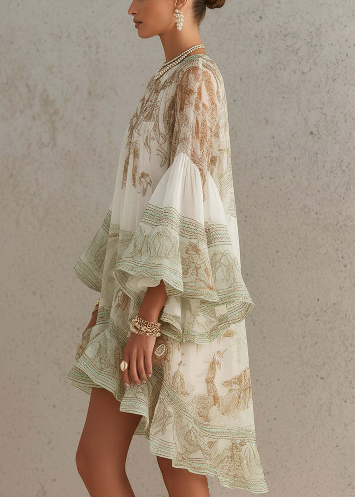 New White Print Ruffled Patchwork Chiffon Mid Dress Summer