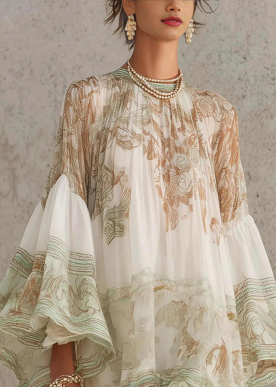 New White Print Ruffled Patchwork Chiffon Mid Dress Summer