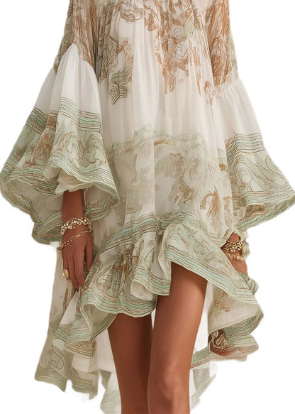 New White Print Ruffled Patchwork Chiffon Mid Dress Summer