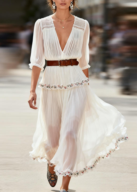 New White Ruffled Floral Patchwork Chiffon Maxi Dress Summer