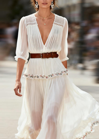 New White Ruffled Floral Patchwork Chiffon Maxi Dress Summer