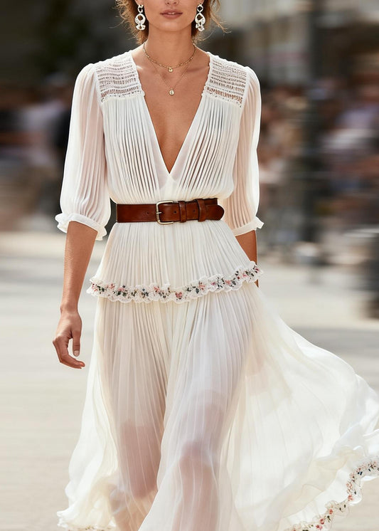 New White Ruffled Floral Patchwork Chiffon Maxi Dress Summer