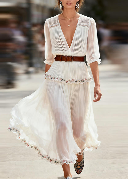 New White Ruffled Floral Patchwork Chiffon Maxi Dress Summer