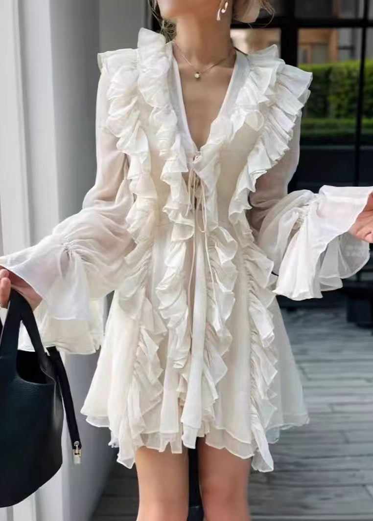 New White Ruffled Lace Up Chiffon Mini Dresses Fall