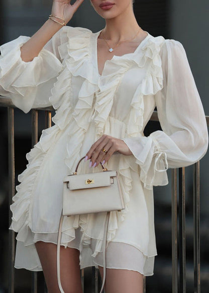 New White Ruffled Lace Up Chiffon Mini Dresses Fall