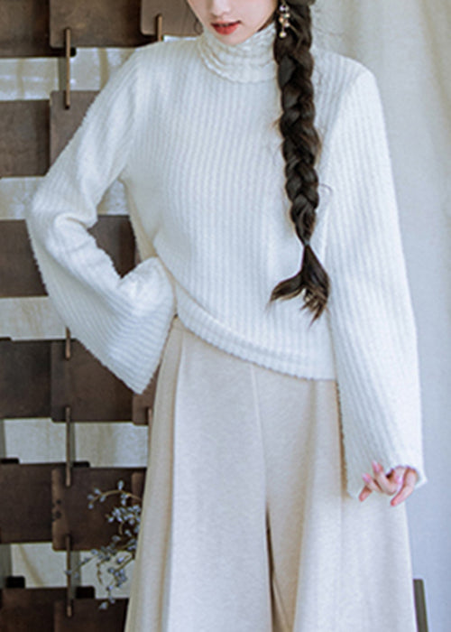 New White Turtleneck Ruffled Knit Sweater Tops Flare Sleeve