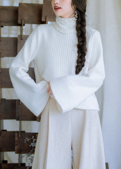 New White Turtleneck Ruffled Knit Sweater Tops Flare Sleeve