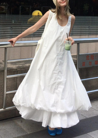 New White U Neck Solid Cotton Long Dresses Dresses Sleeveless