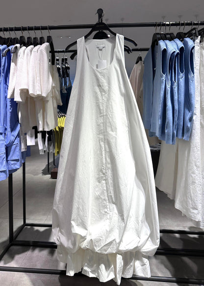 New White U Neck Solid Cotton Long Dresses Dresses Sleeveless