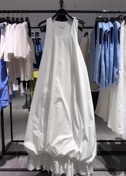 New White U Neck Solid Cotton Long Dresses Dresses Sleeveless