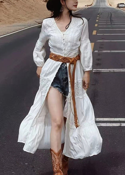 New White V Neck Button Lace Cotton Blouses Dresses Fall