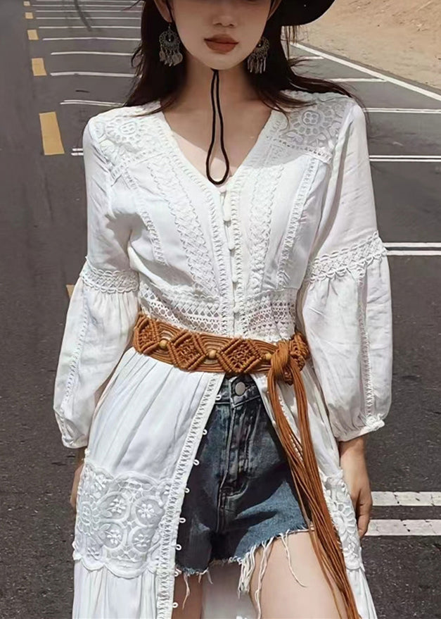 New White V Neck Button Lace Cotton Blouses Dresses Fall