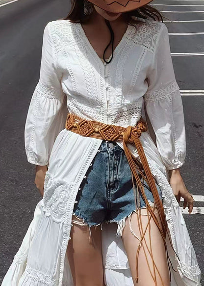 New White V Neck Button Lace Cotton Blouses Dresses Fall