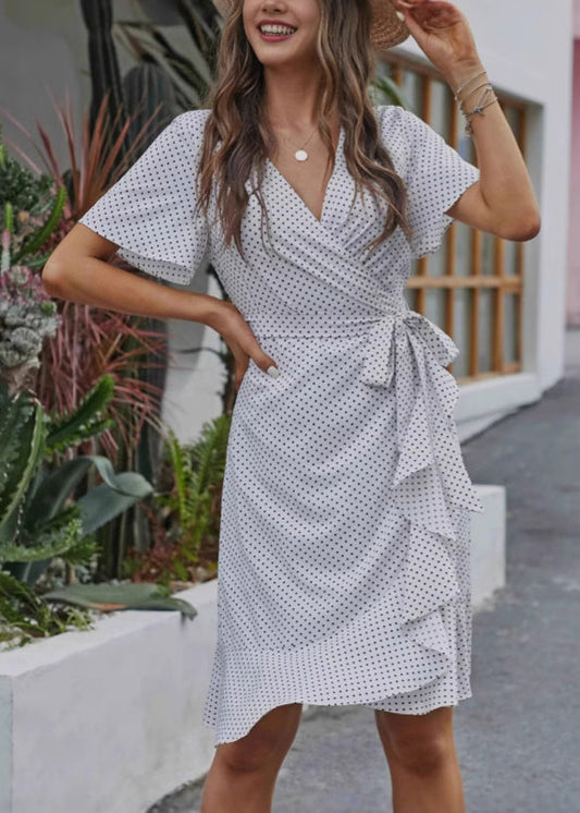 New White V Neck Dot Tie Waist Cotton Dress Summer