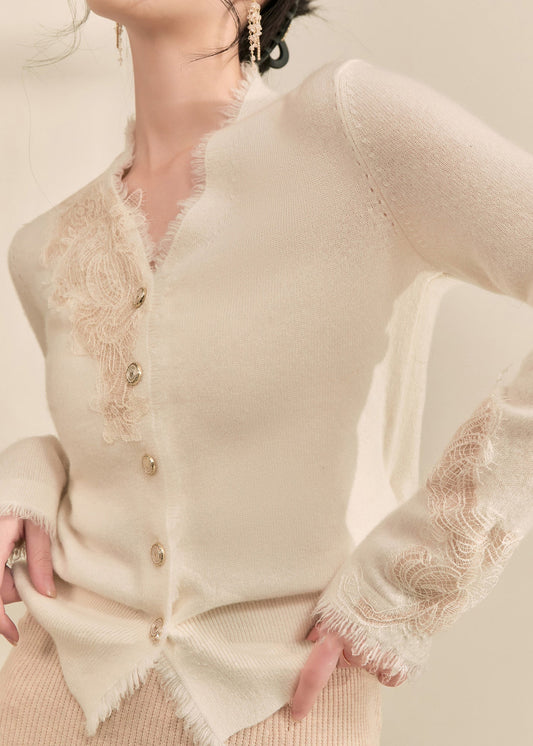 New White V Neck Lace Tassel Patchwork Knit Sweaters Winter