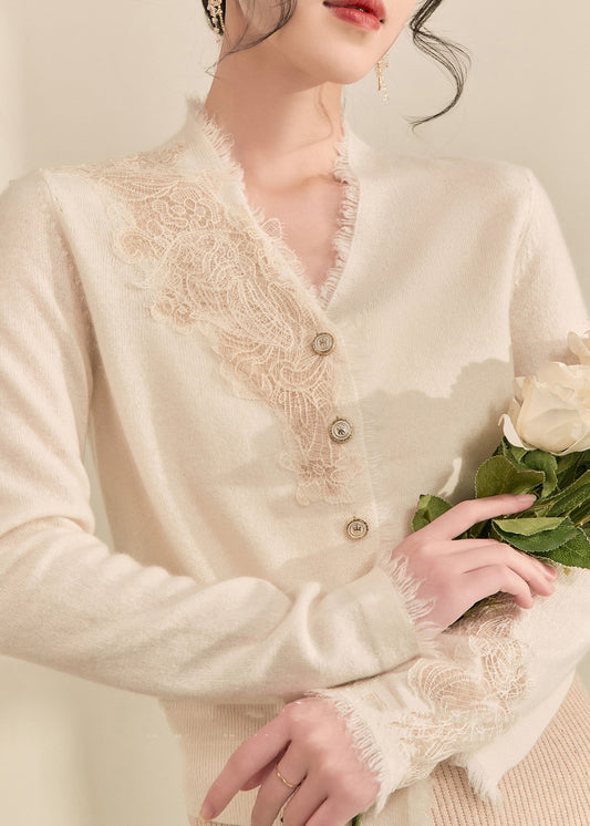 New White V Neck Lace Tassel Patchwork Knit Sweaters Winter