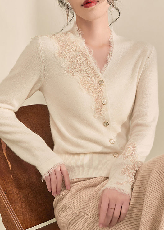 New White V Neck Lace Tassel Patchwork Knit Sweaters Winter