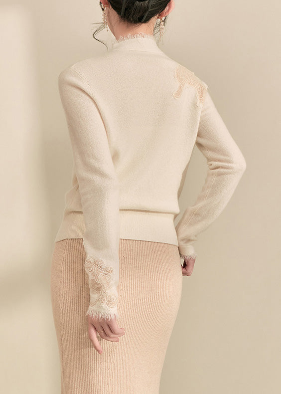 New White V Neck Lace Tassel Patchwork Knit Sweaters Winter