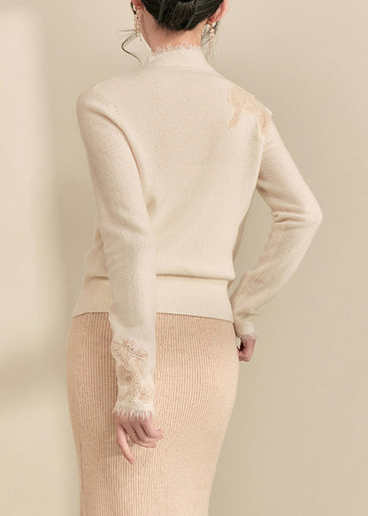 New White V Neck Lace Tassel Patchwork Knit Sweaters Winter