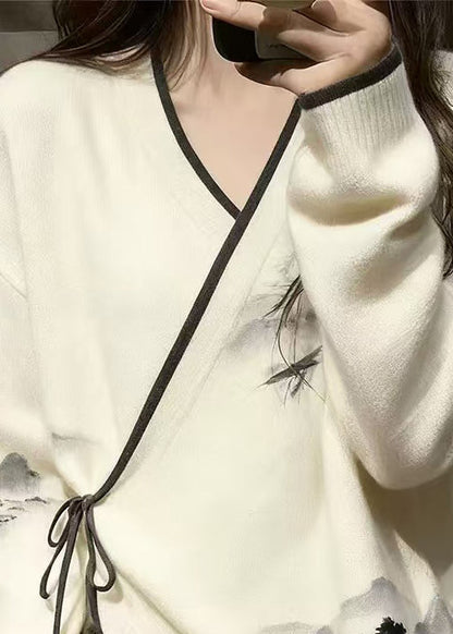 New White V Neck Landscape Painting Lace Up Knit Sweater Spring